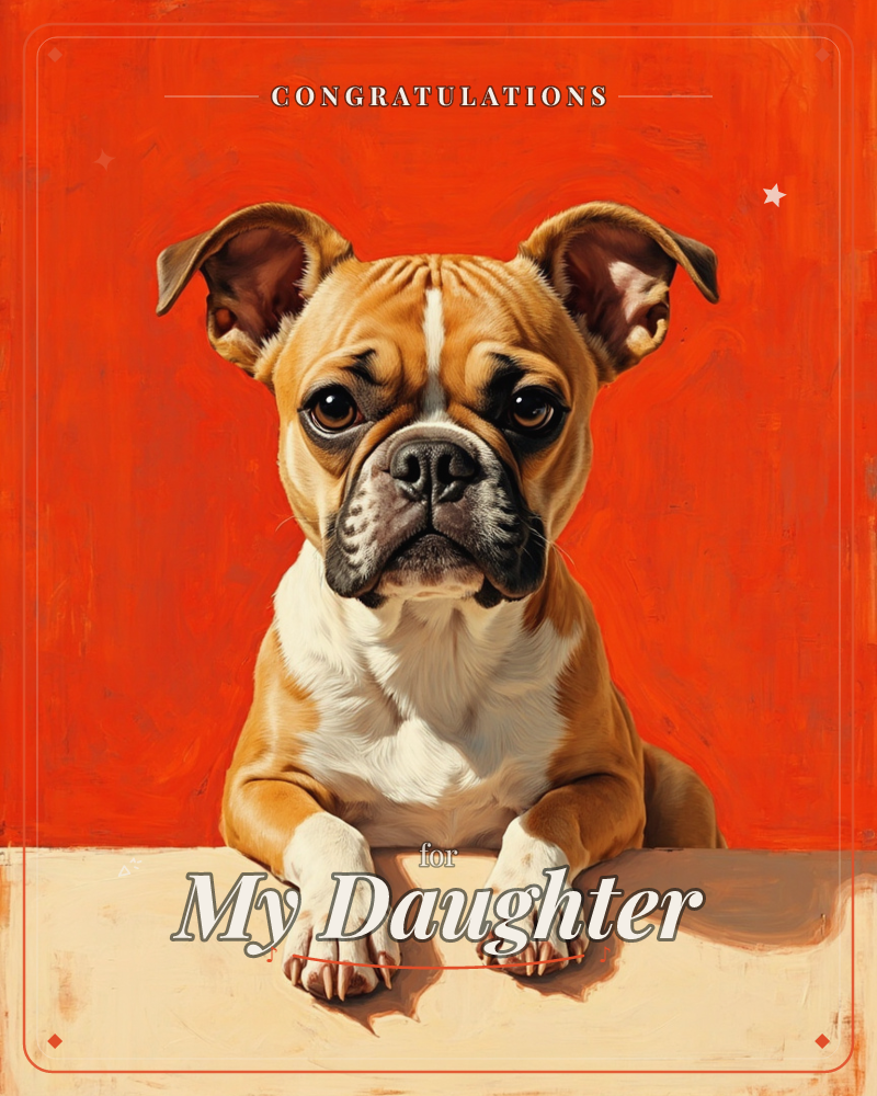 A bulldog-type puppy with tan-and-white fur and a dark muzzle rests its paws on a ledge, gazing straight out with big dark eyes, a congratulations e-card design