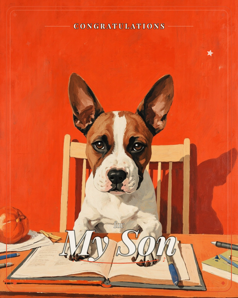 A brown and white dog with tall pricked ears sits upright in a wooden chair at a table, paws resting on an open notebook as if caught mid-thought, a congratulations e-card design