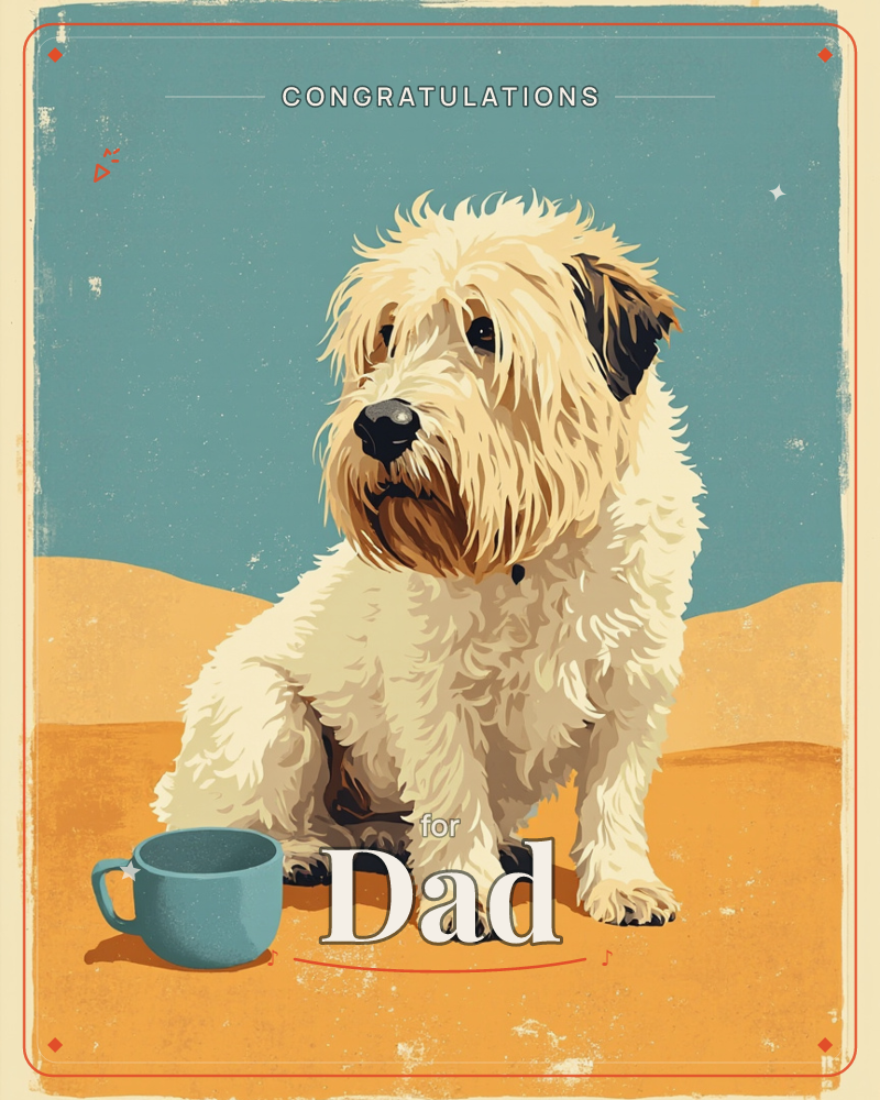 A shaggy wheaten terrier sits alert against a flat teal sky and sandy dune backdrop, its wiry cream coat catching warm golden light, a congratulations e-card design