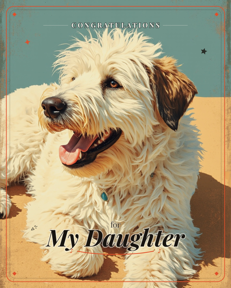 A shaggy cream-coated terrier lies stretched out on sandy-coloured ground beneath a flat teal sky, mouth open in a happy pant with tongue lolling to…, a congratulations e-card design