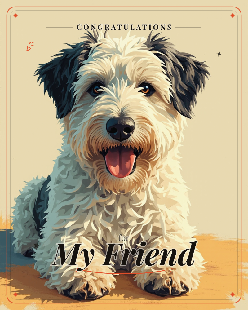 A shaggy terrier with dark ears and a cream-and-grey coat sits front and centre, mouth open in a happy pant with its pink tongue showing, a congratulations e-card design