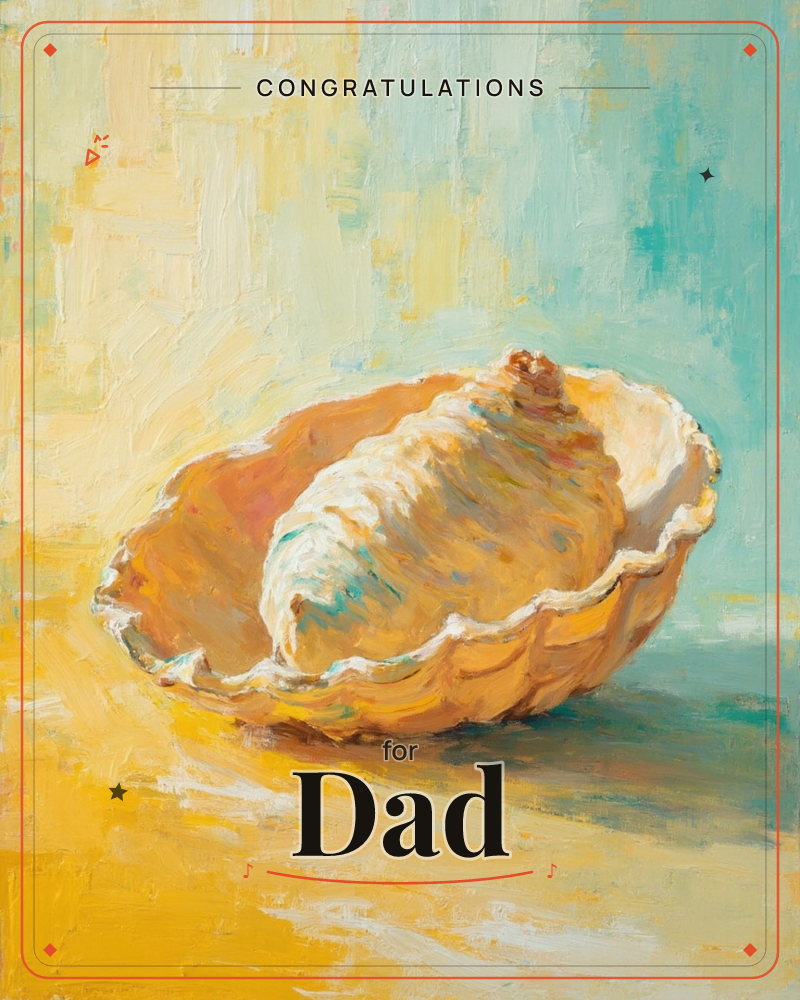 A large conch shell rests on its side against a loosely brushed backdrop that shifts from sunny yellow to soft turquoise, a congratulations e-card design