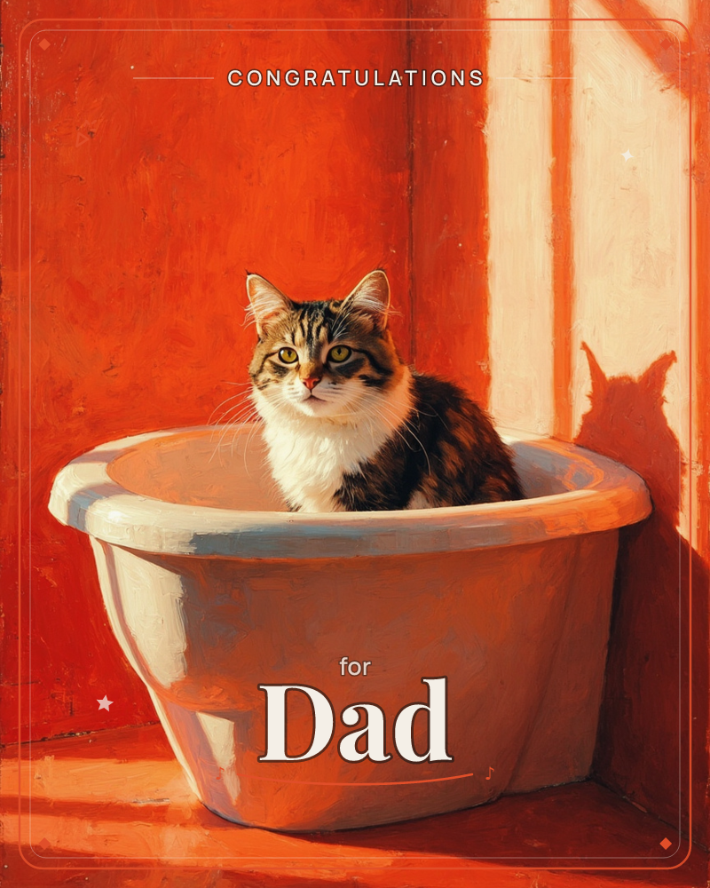 A tabby-and-white cat sits curled inside a large pale planter, tucked into the corner of a sunlit orange room, a congratulations e-card design