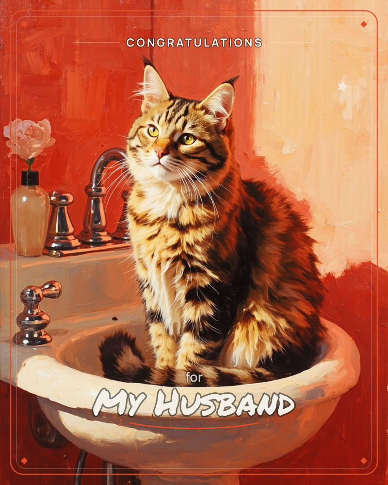 A tabby cat with tufted ears and a lynx-like ruff sits curled in a white bathroom sink, tail wrapped neatly around its paws, a congratulations e-card design