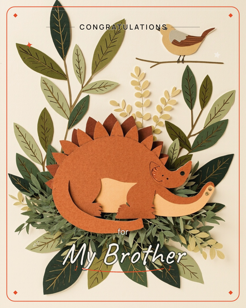 A paper-cut stegosaurus in rust and tan curls contentedly among layered leaves in shades of olive, sage and deep green, its ridged back arching upward…, a congratulations e-card design