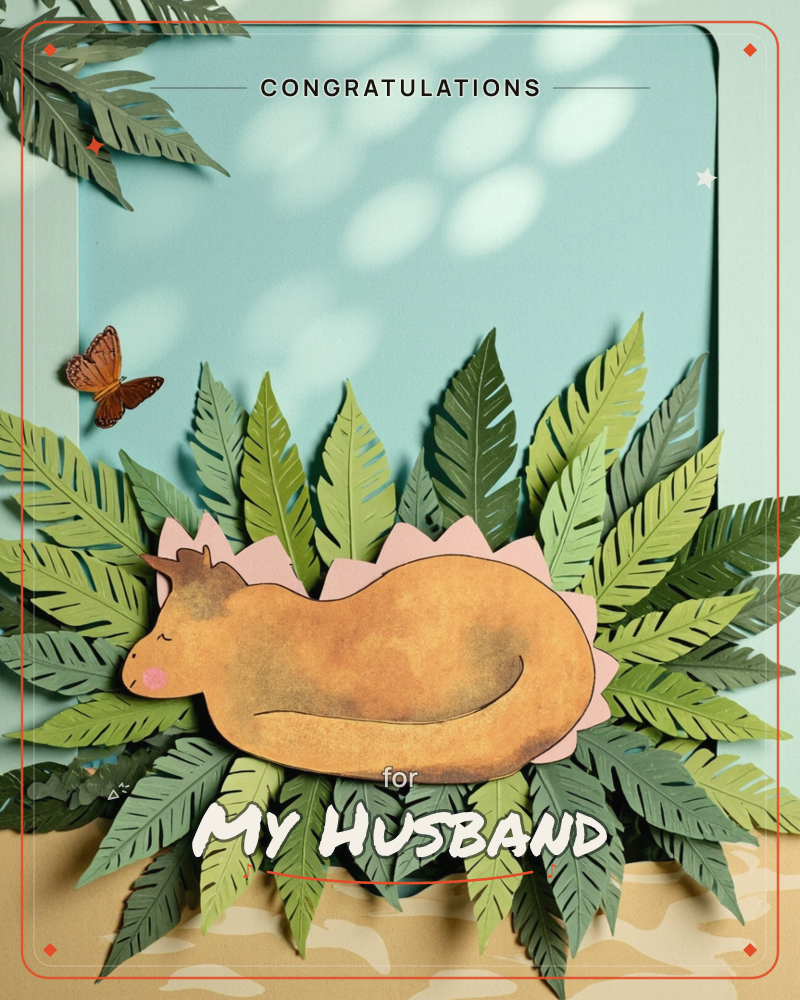 A paper-cut illustration shows a sleepy, curled-up dinosaur with rosy cheeks and a soft pink spiny back, nestled among layered paper fern fronds…, a congratulations e-card design