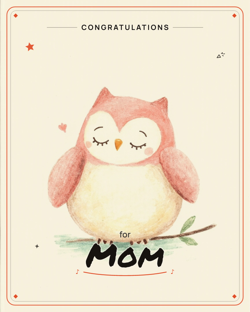 A round, sleepy-eyed owl in dusty coral and cream sits perched on a small leafy branch, its wings tucked close and rosy cheeks glowing, a congratulations e-card design