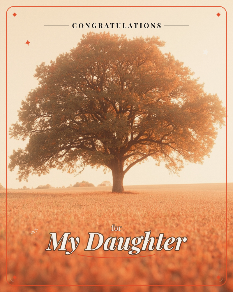 A single broad-canopied tree stands alone in the middle of an open field, its leaves catching a warm golden light, a congratulations e-card design