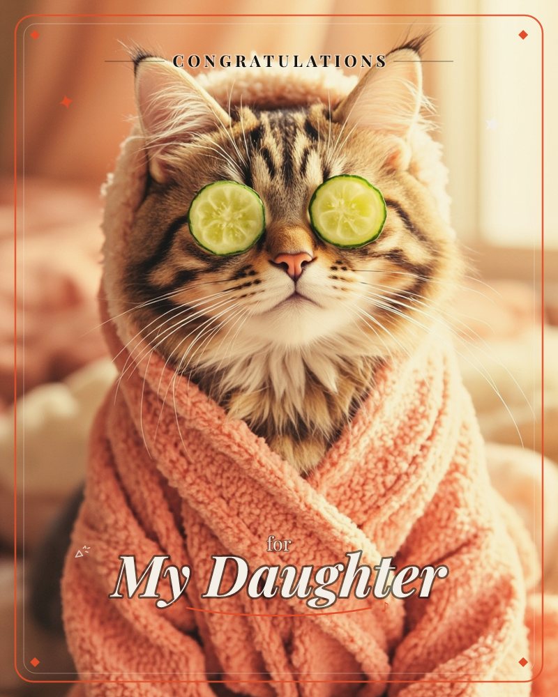 A tabby cat sits wrapped in a fluffy peach robe with the hood pulled up, cucumber slices resting over its closed eyes like a spa treatment, a congratulations e-card design