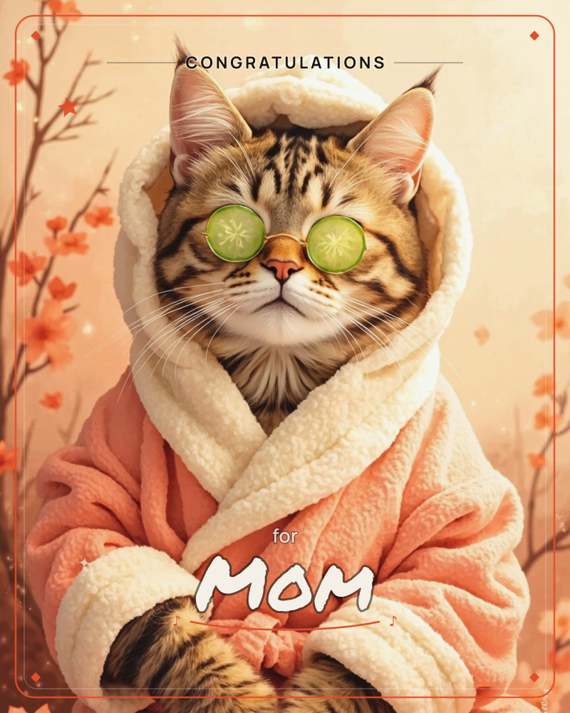 A tabby cat wears a fluffy hooded peach robe and slices of cucumber over its eyes, lounging in spa mode against a soft coral background of blossom…, a congratulations e-card design