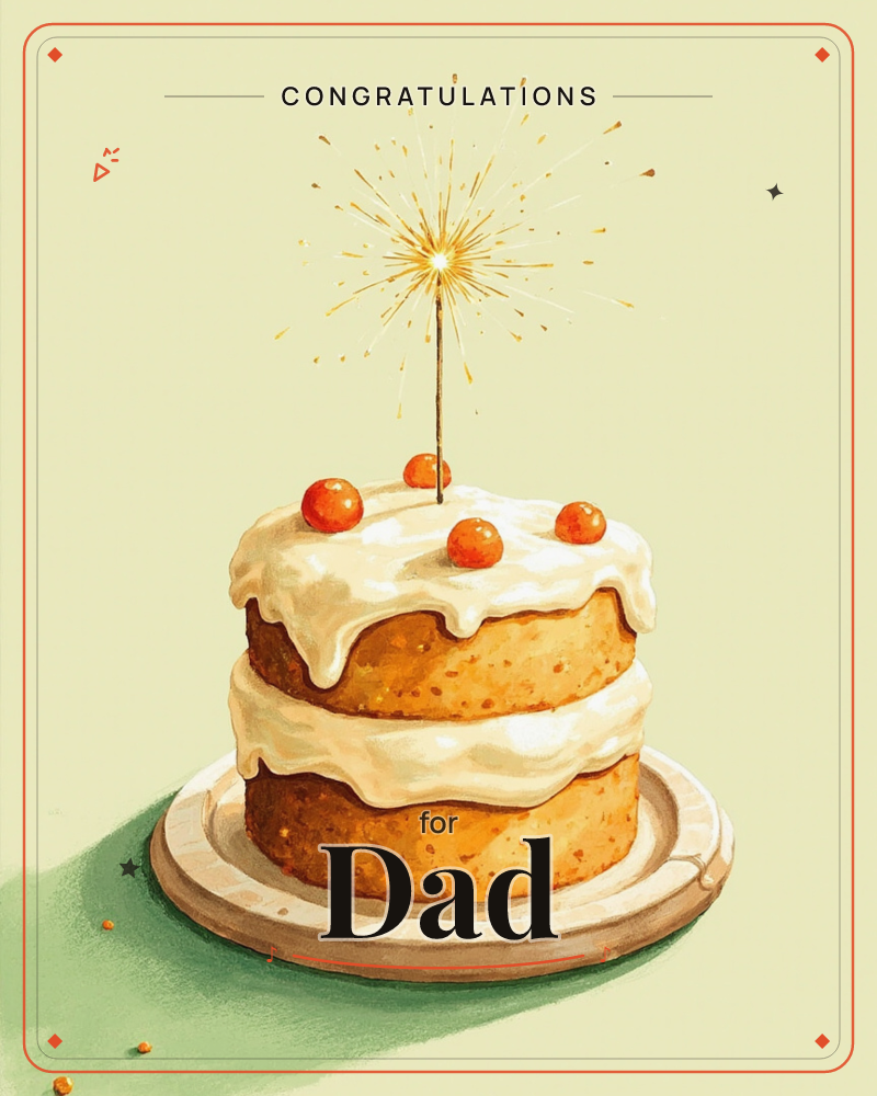 A two-tiered layer cake sits on a wooden board against a soft pale green background, its white icing dripping down the sides and topped with glossy red…, a congratulations e-card design