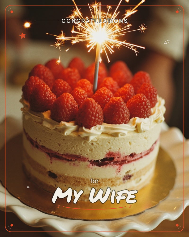 A close-up photograph of a layered celebration cake topped with a ring of fresh raspberries and a single bright sparkler shooting light across the frame, a congratulations e-card design