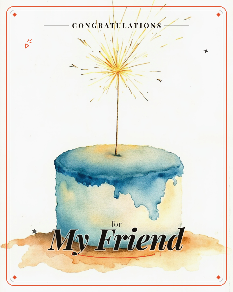 A single round cake sits on a soft brown watercolour smudge, its blue icing dripping unevenly down the sides in loose, wet-edged washes, a congratulations e-card design