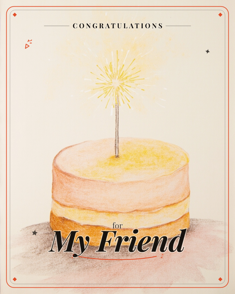 A round layered cake in soft peach and gold sits alone on a cream background, a single sparkler fizzing bright yellow light above it, a congratulations e-card design