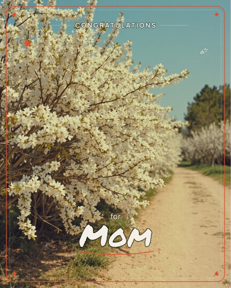 A dirt path runs alongside a hedgerow of white spring blossom in full bloom, the branches heavy with tiny flowers against a clear pale sky, a congratulations e-card design