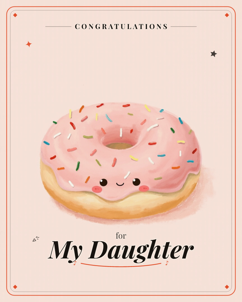 A single glazed doughnut sits centre stage on a soft, vignette-edged cream background, its pink icing scattered with a confetti of rainbow sprinkles, a congratulations e-card design