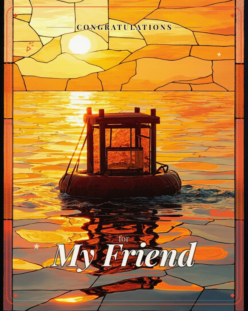 A stained-glass style illustration of a lone buoy floating on calm water beneath a blazing sunset, its lantern frame silhouetted against the glowing…, a congratulations e-card design