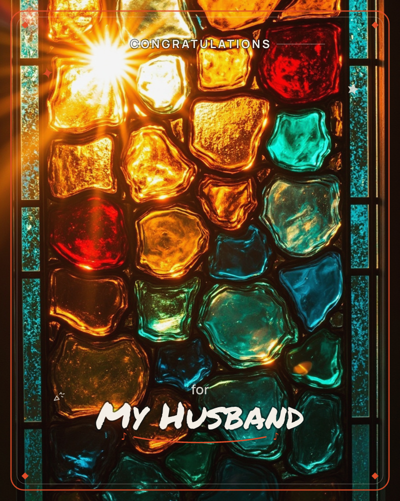 A stained-glass window glows with thick, uneven panes of amber, ruby, teal and blue glass, each catching light like polished gemstones, a congratulations e-card design