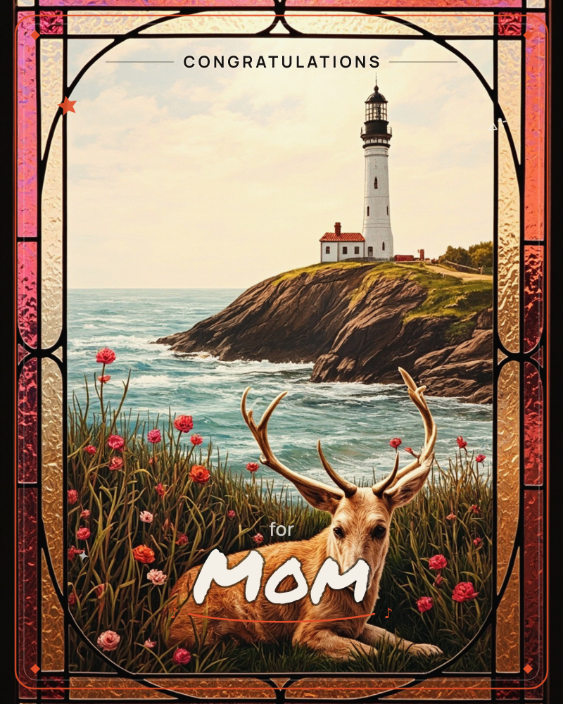 A stained-glass style frame in amber and rose surrounds a coastal scene: a white lighthouse stands on a rocky cliff above crashing waves, while in the…, a congratulations e-card design