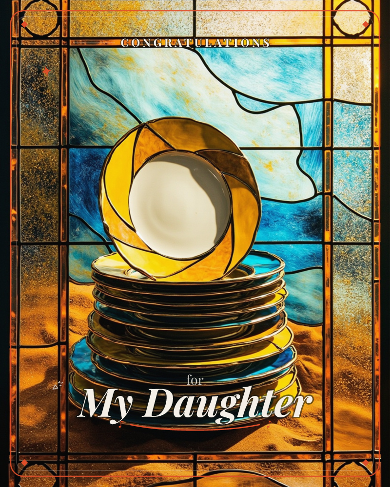 A stack of gilt-rimmed plates rises against a stained-glass window of swirling turquoise and gold, the top plate catching the light like a spinning coin, a congratulations e-card design