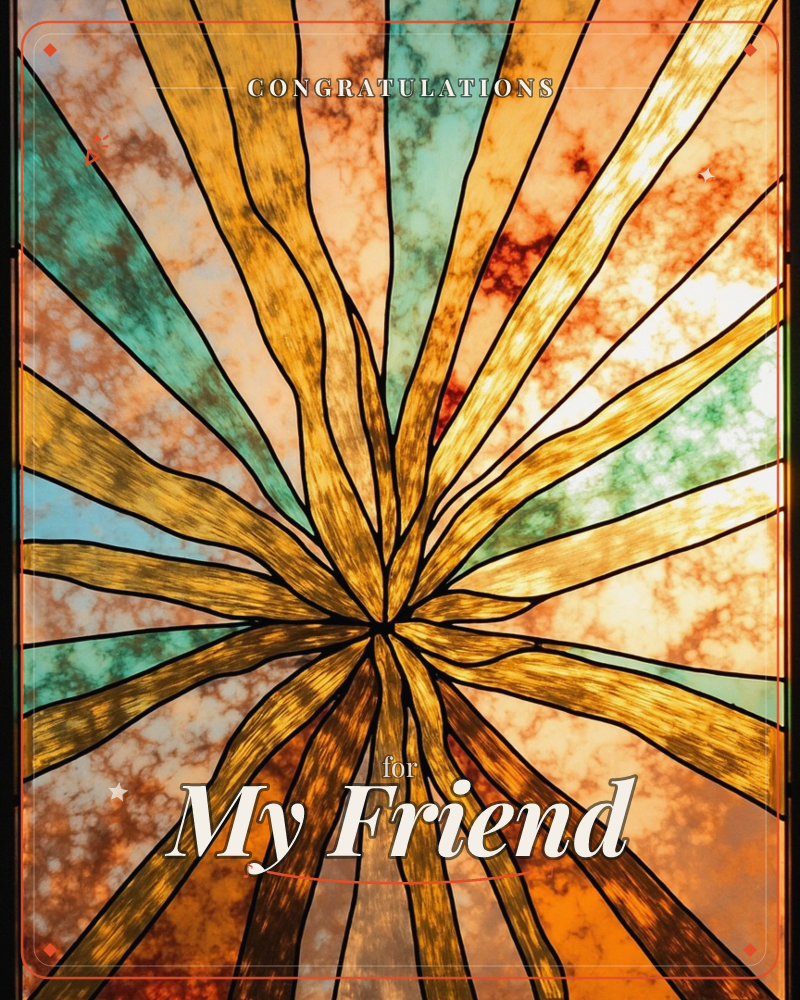 A stained-glass panel radiates golden rays from a single dark point, fracturing outward into panes of amber, teal, and rust-marbled glass, a congratulations e-card design