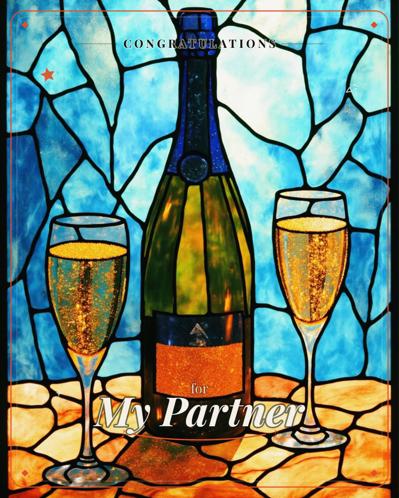 A stained-glass style illustration shows a dark green champagne bottle flanked by two full flutes, set against a mosaic of leaded blue-glass panels…, a congratulations e-card design