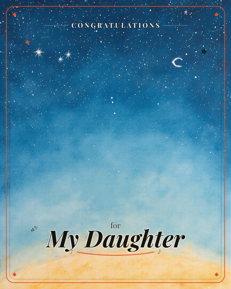 A deep indigo night sky fades into pale blue haze above a glowing golden horizon, scattered with tiny painted stars and a slim white crescent moon, a congratulations e-card design