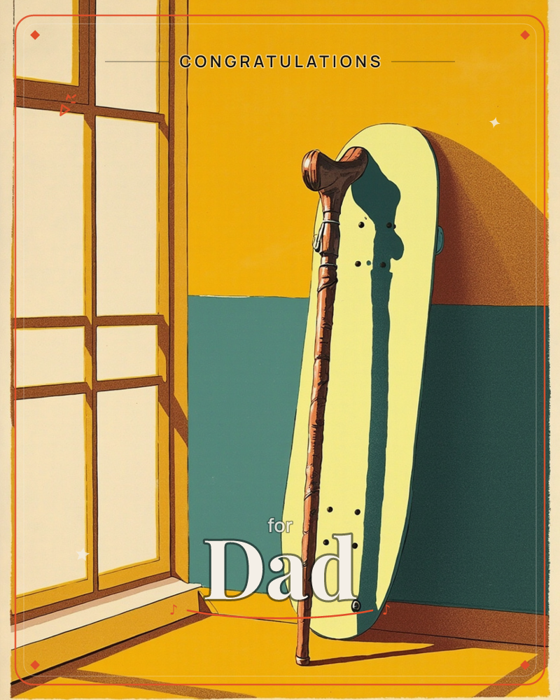 A wooden walking cane leans against a pale surfboard-shaped panel propped in the corner of a sunlit room, warm light pouring through a paned window and…, a congratulations e-card design