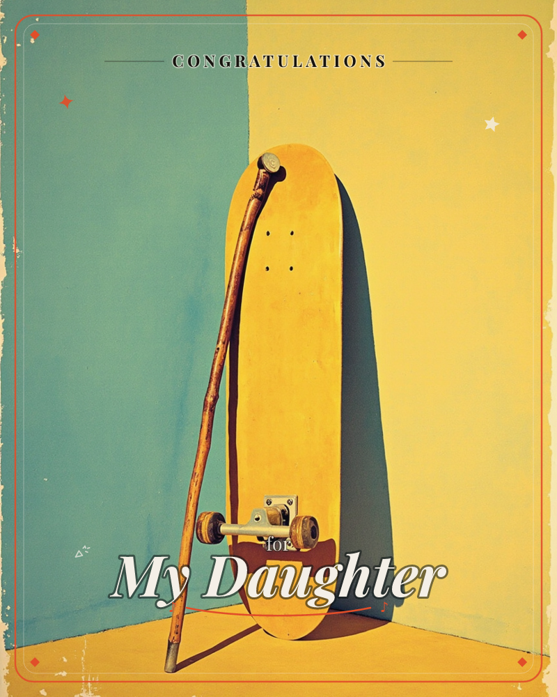 A yellow skateboard leans upright against a two-tone wall, teal on the left and mustard yellow on the right, its wheels catching a warm strip of light, a congratulations e-card design
