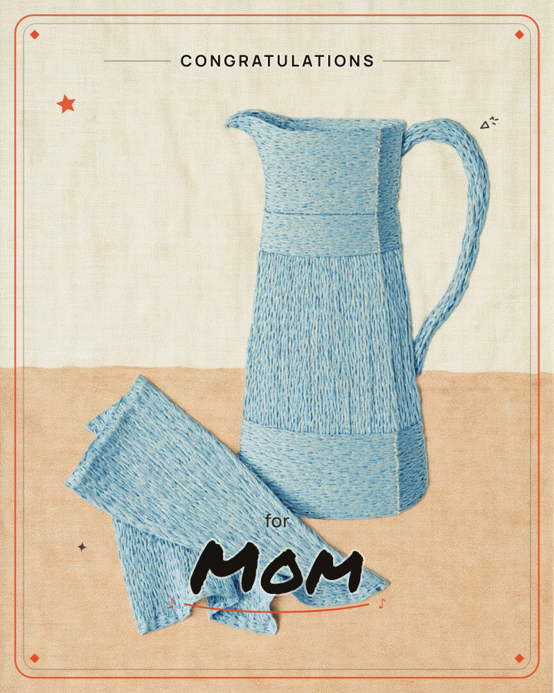 A tall blue jug and a crumpled cloth are rendered entirely in fine hatched stitching, sitting on a two-tone ground of soft cream and warm peach, a congratulations e-card design
