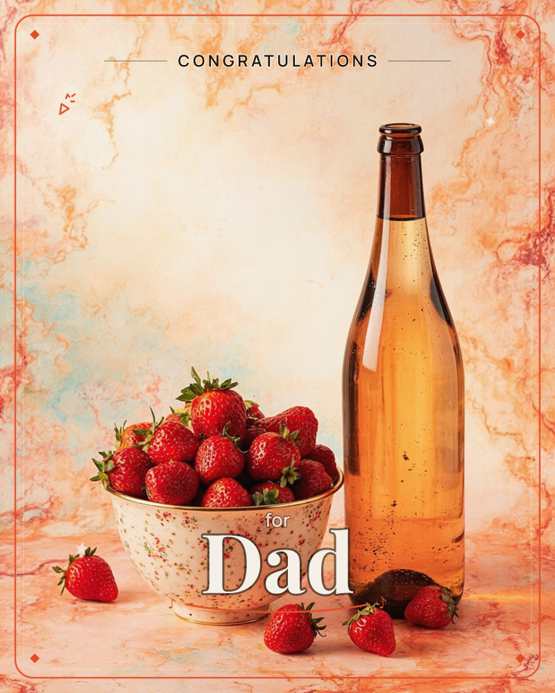 A speckled ceramic bowl overflows with fresh strawberries beside a tall amber glass bottle, set against a warm marbled backdrop of peach, cream and…, a congratulations e-card design