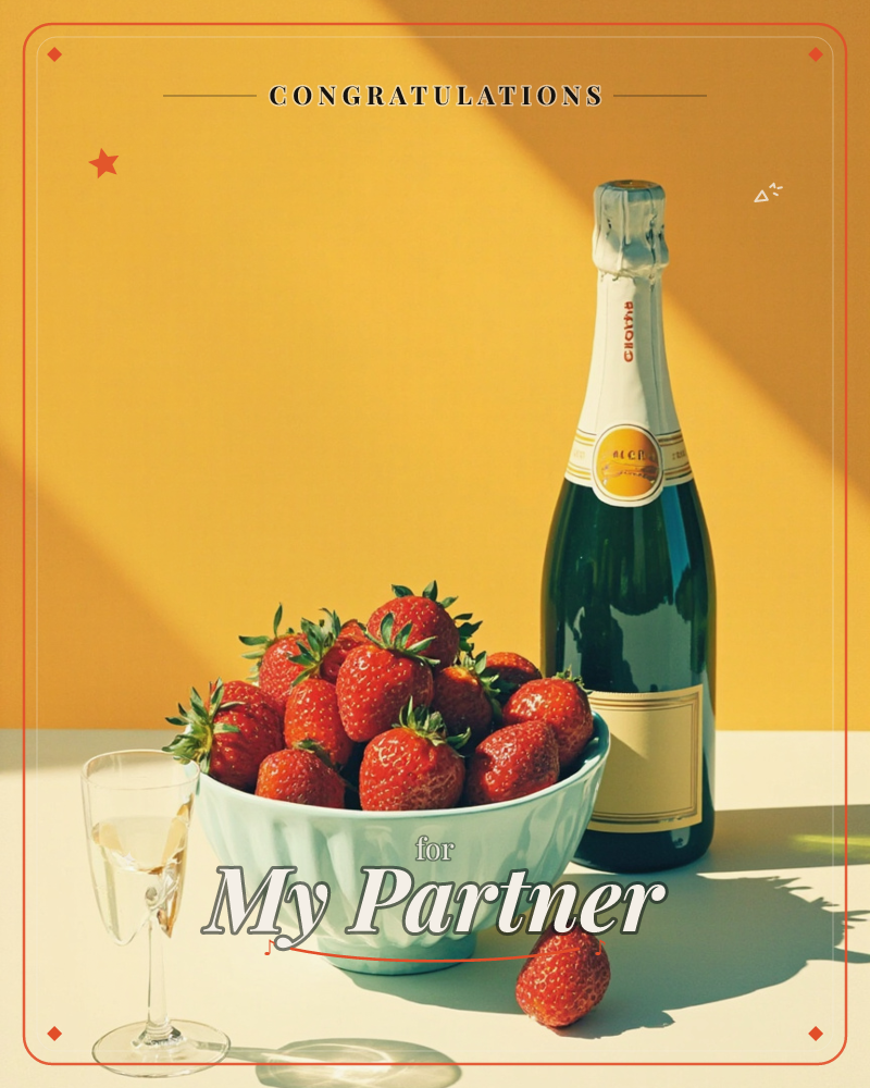 A still life set against a bold mustard-orange wall, with a pale mint bowl piled high with fresh strawberries beside a dark green champagne bottle, a congratulations e-card design