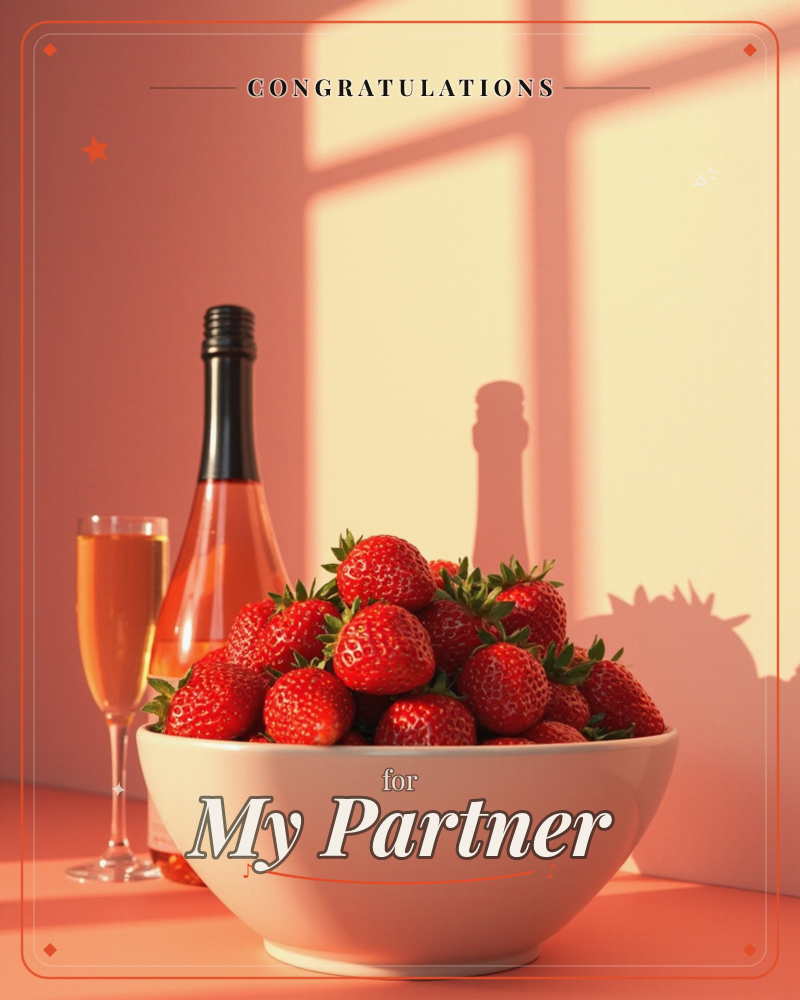 A white bowl heaped with fresh strawberries sits on a coral-pink surface beside a bottle of rosé and a filled champagne flute, warm window light…, a congratulations e-card design