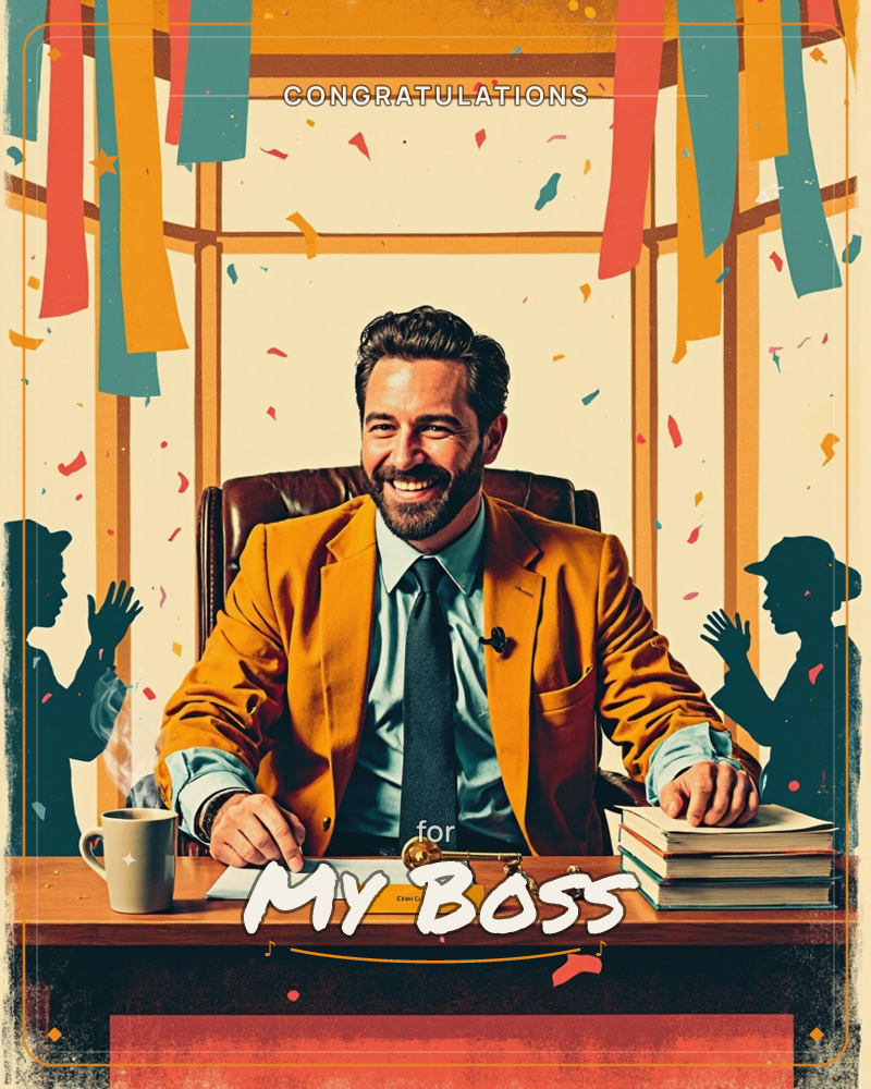 A bearded man sits behind a wooden desk in a mustard-yellow blazer, pale blue shirt, and grey tie, grinning broadly, a congratulations e-card design by @VelvetPulse
