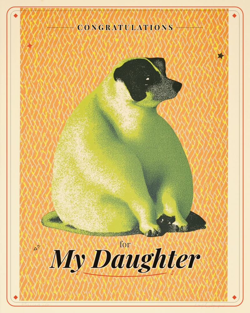 A round, sturdy dog sits facing sideways, its body rendered in bright lime green with a black-and-white patched face, set against a busy orange and…, a congratulations e-card design