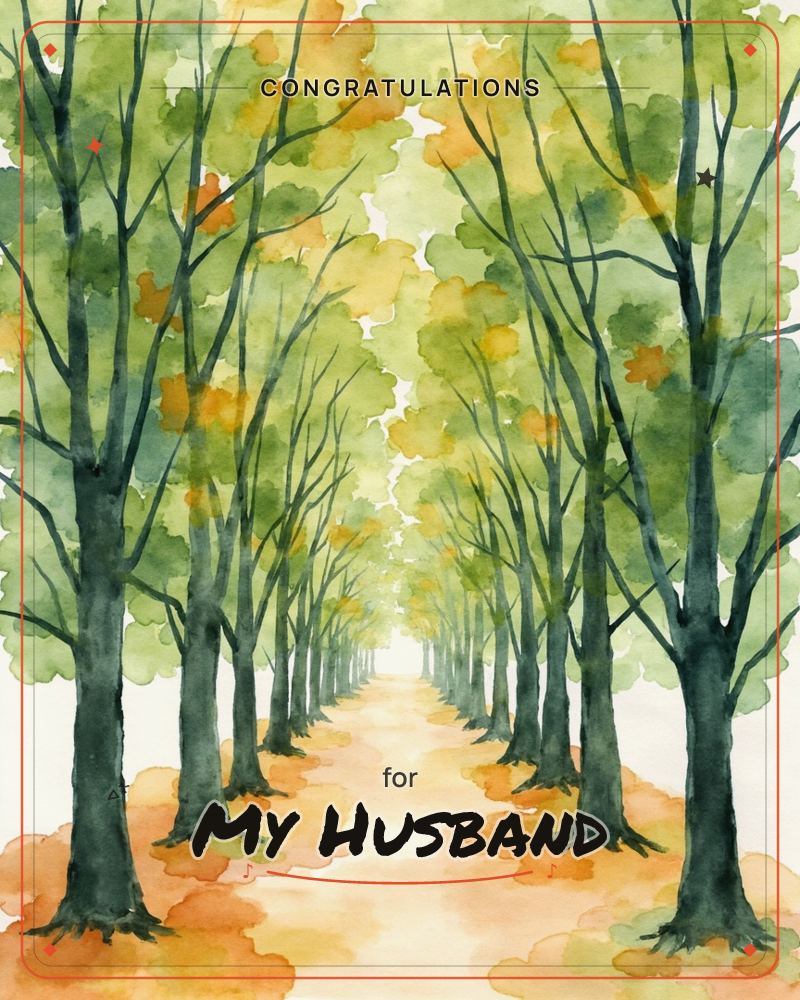 A watercolour avenue of tall trees lines a pale path that stretches into a soft, glowing distance, a congratulations e-card design