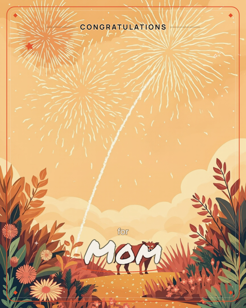 A small brown bull stands alone on a golden hill as fireworks burst overhead in warm cream and white against a peach-orange sky, a congratulations e-card design