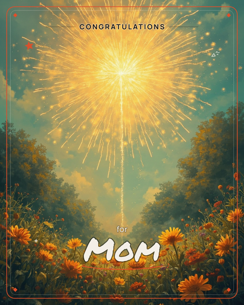 A single golden firework bursts high above a meadow of orange and marigold blooms, its trail of light streaming straight down into the flowers below, a congratulations e-card design