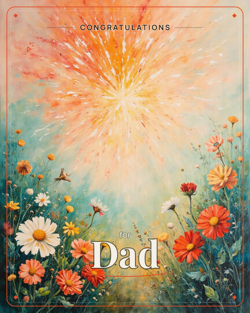 A burst of golden-orange sunlight radiates from the center of the sky, its rays melting into a soft teal backdrop above a wild border of daisies…, a congratulations e-card design