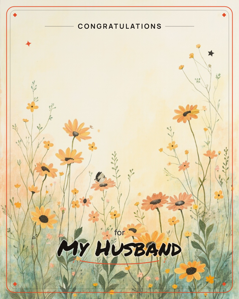 A meadow of tall daisies and small wildflowers sways on slender green stems against a soft, washed sky of cream fading into pale blue and blush at the…, a congratulations e-card design