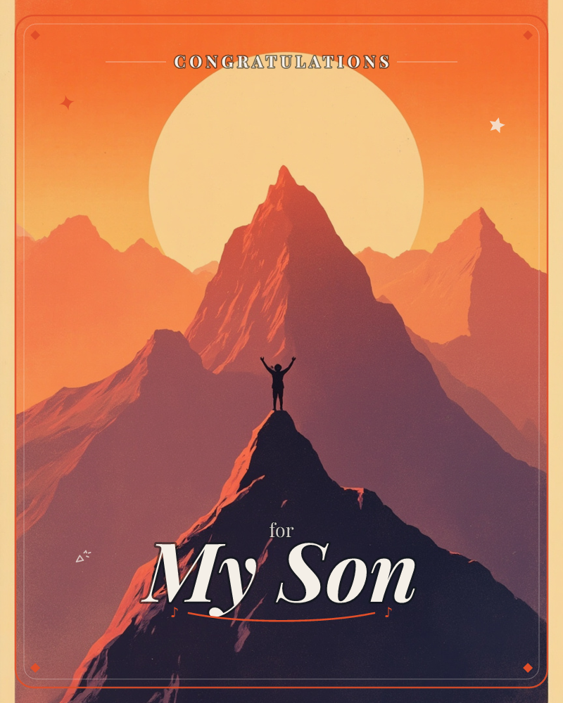 A lone figure stands atop a jagged mountain peak, arms raised in triumph, silhouetted against a giant glowing sun that fills the sky behind layered…, a congratulations e-card design