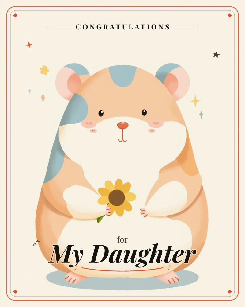 A round, cream-and-caramel hamster sits front and centre on a soft ivory background, clutching a small yellow sunflower against its chest, a congratulations e-card design