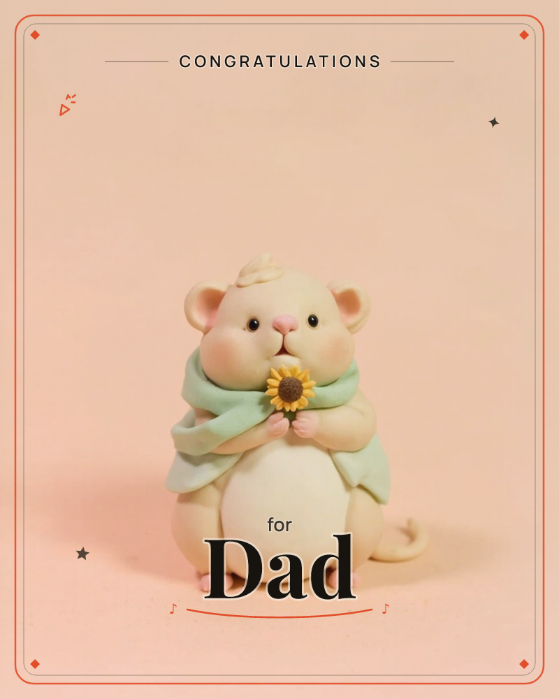 A round, pale cream mouse figure stands against a soft peach backdrop, wrapped in a mint-green scarf and clutching a tiny sunflower between its paws, a congratulations e-card design