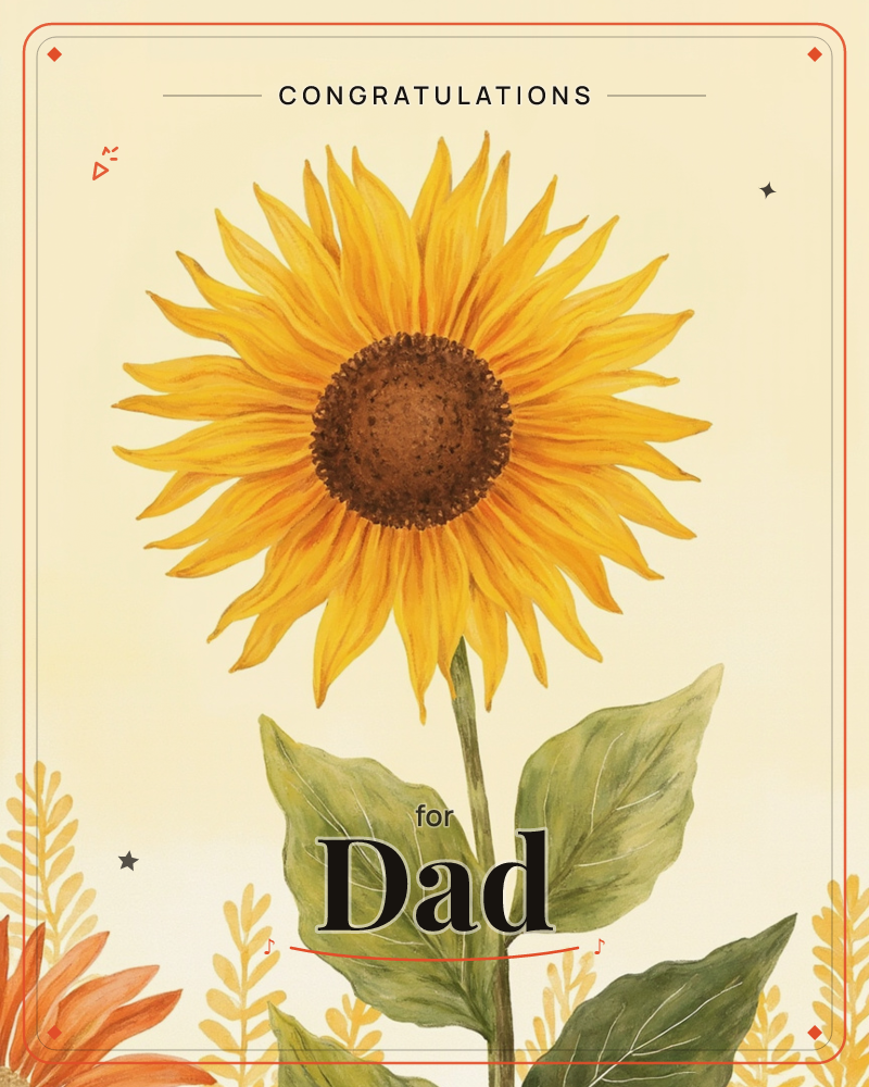 A single sunflower fills the card on a soft pale-yellow background, its dark speckled center ringed by layered golden petals, a congratulations e-card design