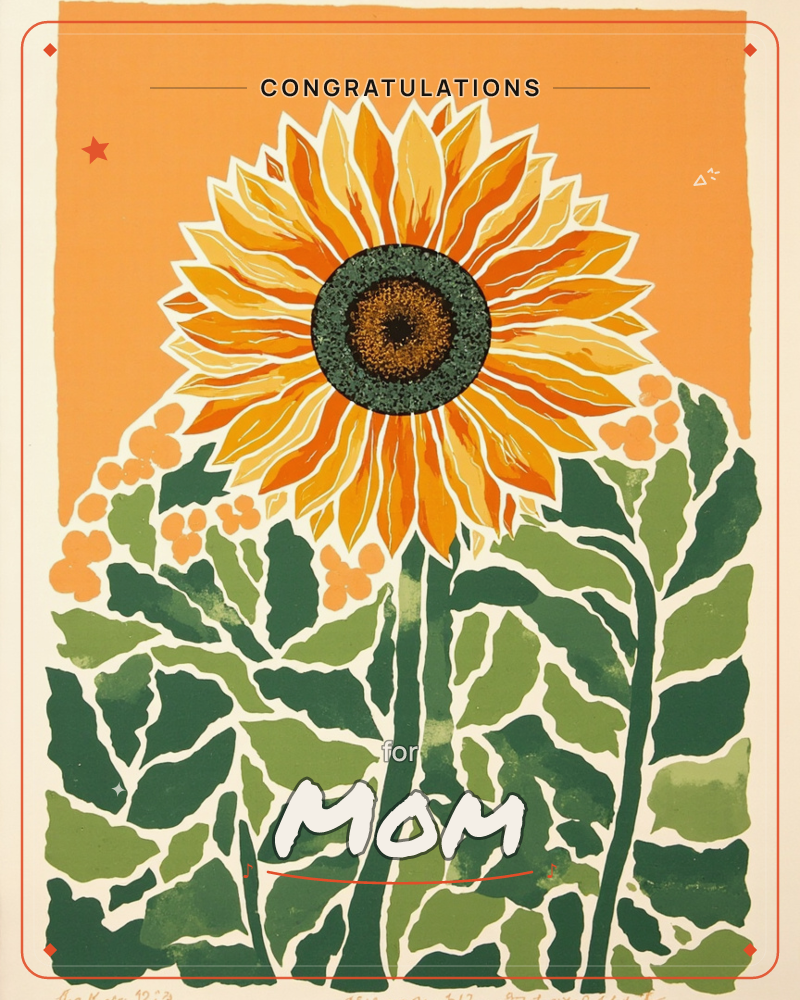 A single bold sunflower fills the page against a flat orange sky, its layered petals rendered in warm yellows and burnt orange around a deep teal-green…, a congratulations e-card design