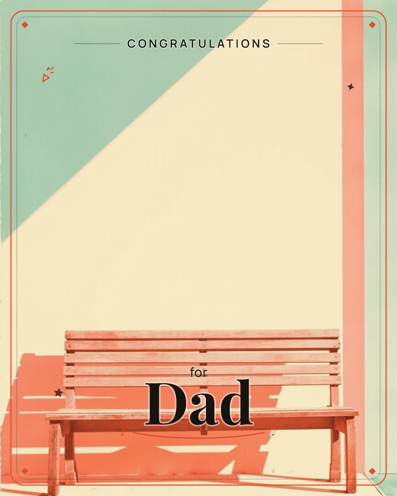 An empty wooden bench sits against a wall painted in geometric blocks of mint green, cream and coral, with strong sunlight casting a sharp diagonal…, a congratulations e-card design