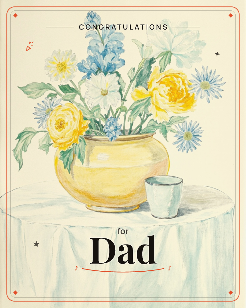 A round golden vase overflows with yellow peonies, blue delphiniums, and pale daisies atop a table draped in a soft blue-white cloth, a congratulations e-card design