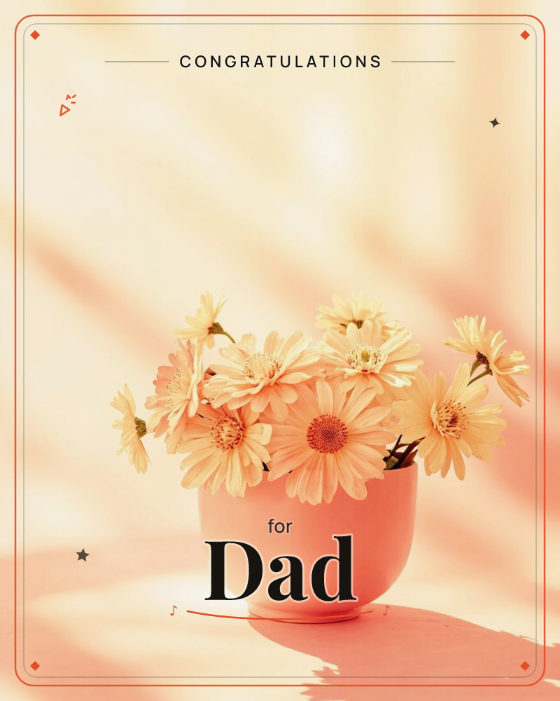 A round pink bowl overflows with pale yellow gerbera daisies, sitting on a peach surface bathed in warm, streaked sunlight, a congratulations e-card design