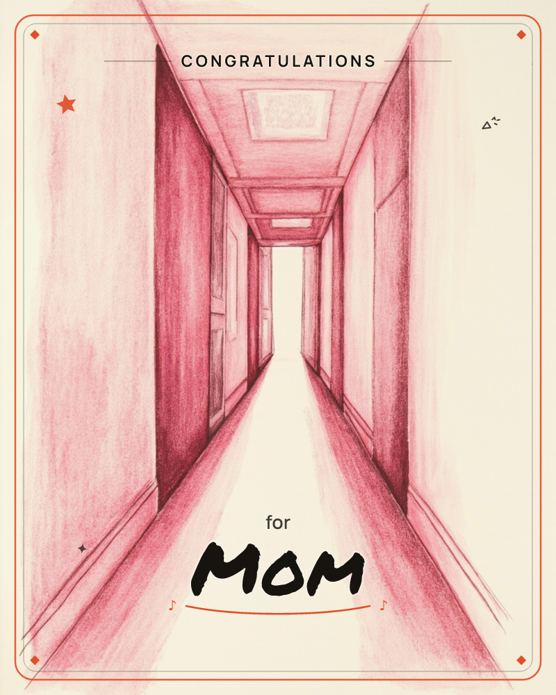 A narrow hallway stretches into the distance, rendered entirely in shades of pink and crimson crayon or pastel against a bare cream page, a congratulations e-card design
