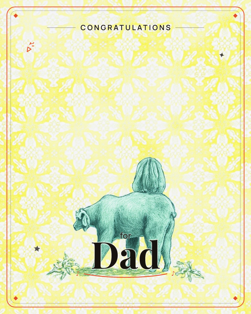 A curious hybrid creature with a bear-like body and a smooth, rounded human-like head stands facing away on a small patch of grass, flanked by two…, a congratulations e-card design